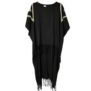 Tanima Art Elegant Black Fringe Aztec Riviera Maya Poncho Cacique‎ NWT O/S